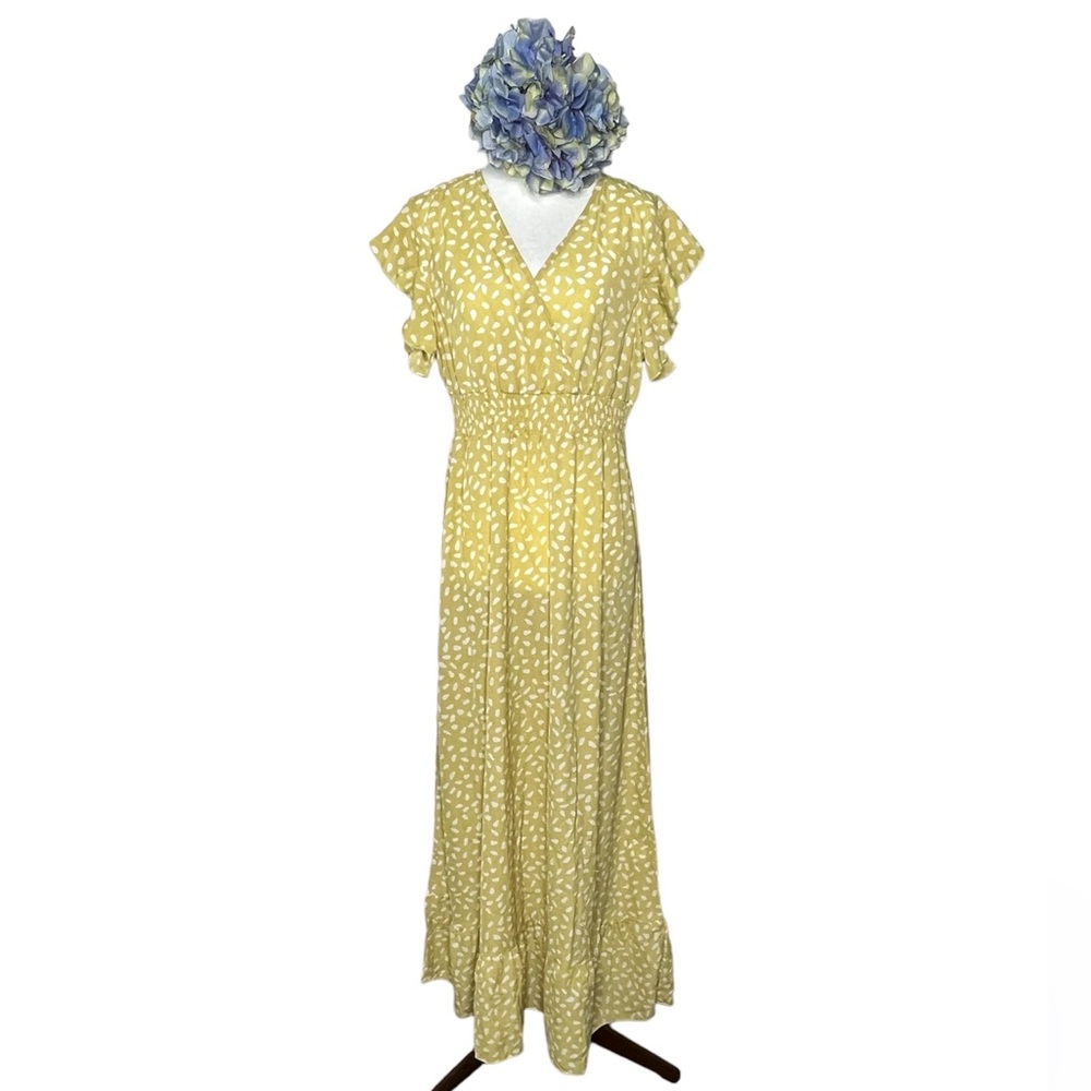 Womens Maxi Flutter Sleeve Shirred Waist Yellow Gold Dress